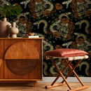 Gothic Floral Wallpaper with Skulls and Snakes in Black, Orange, and Green - D901
