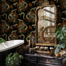 Gothic Floral Wallpaper with Skulls and Snakes in Black, Orange, and Green - D901
