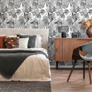 Botanical Wallpaper with a Floral Sketch in Grayscale - D973
