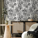 Botanical Wallpaper with a Floral Sketch in Grayscale - D973