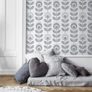 Scandinavian Wallpaper with a Stylized Folk Art Floral Motif in Gray - D988