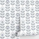 Scandinavian Wallpaper with a Stylized Folk Art Floral Motif in Gray - D988