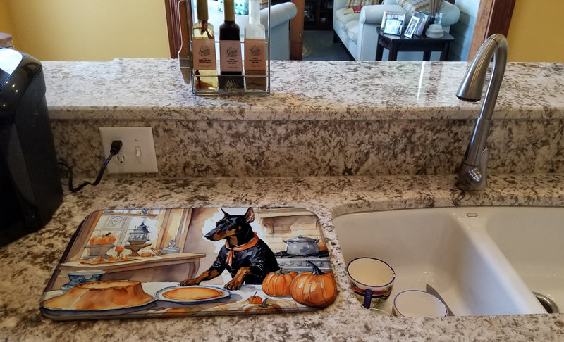 Doberman Pinscher Fall Kitchen Pumpkins Dish Drying Mat