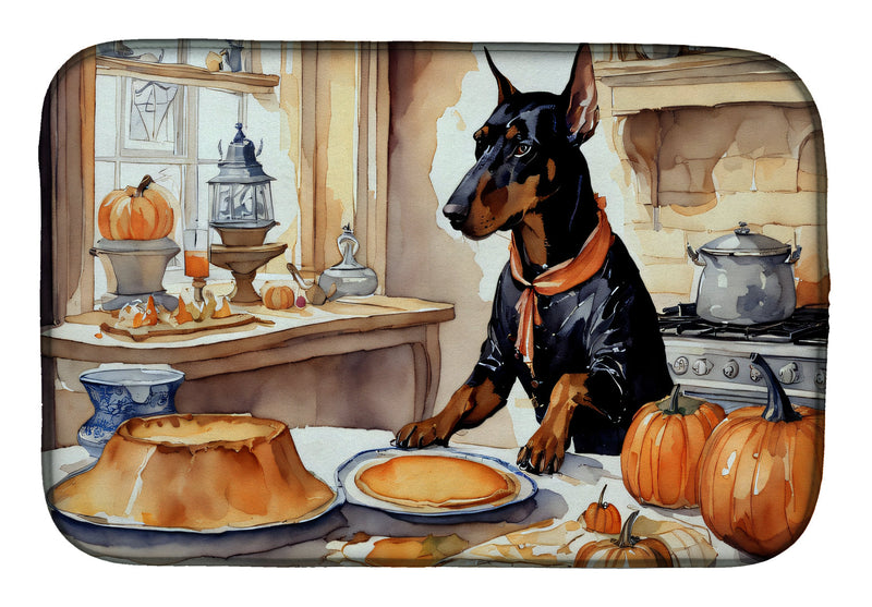 Doberman Pinscher Fall Kitchen Pumpkins Dish Drying Mat