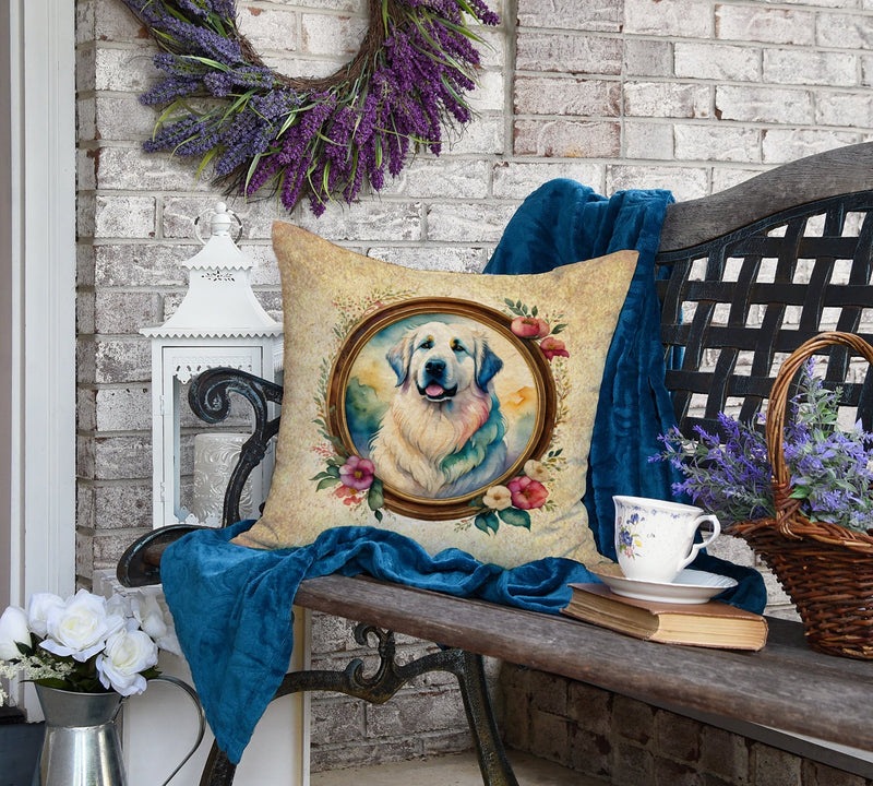 Great Pyrenees and Flowers Fabric Decorative Pillow