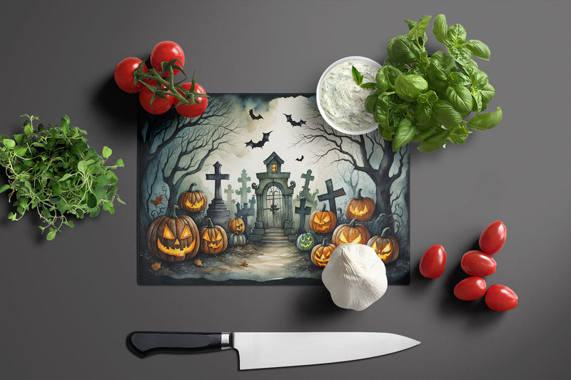 Graveyard Spooky Halloween Glass Cutting Board Large