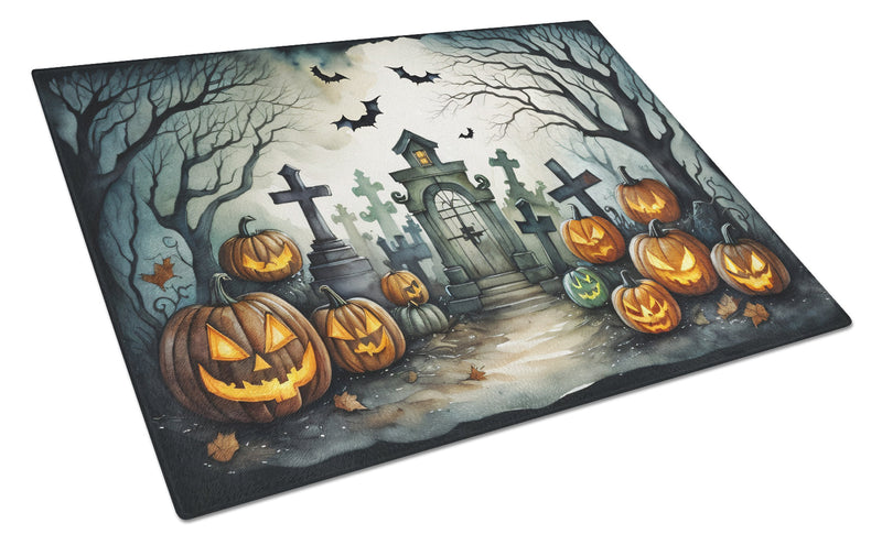 Graveyard Spooky Halloween Glass Cutting Board Large