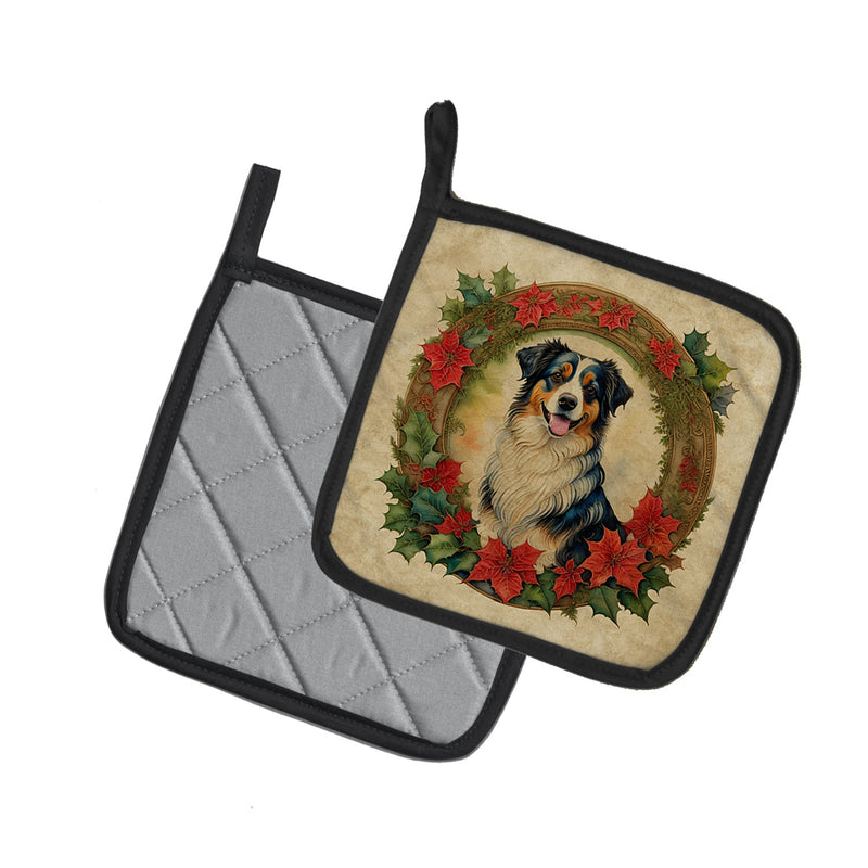 Australian Shepherd Christmas Flowers Pair of Pot Holders