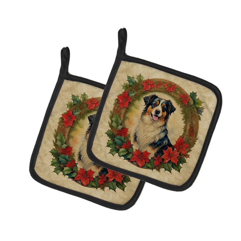 Australian Shepherd Christmas Flowers Pair of Pot Holders