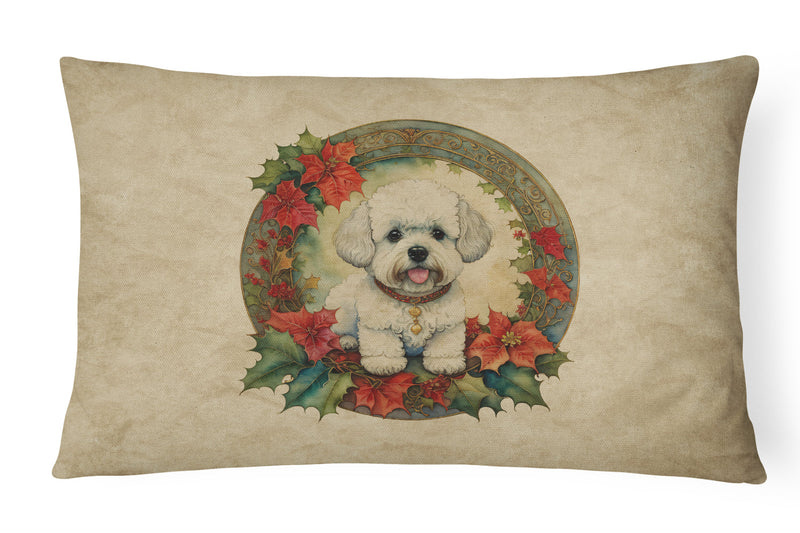 Bichon Frise Christmas Flowers Throw Pillow