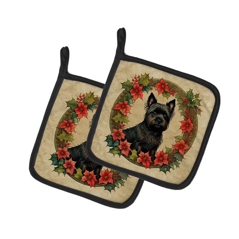 Cairn Terrier Christmas Flowers Pair of Pot Holders