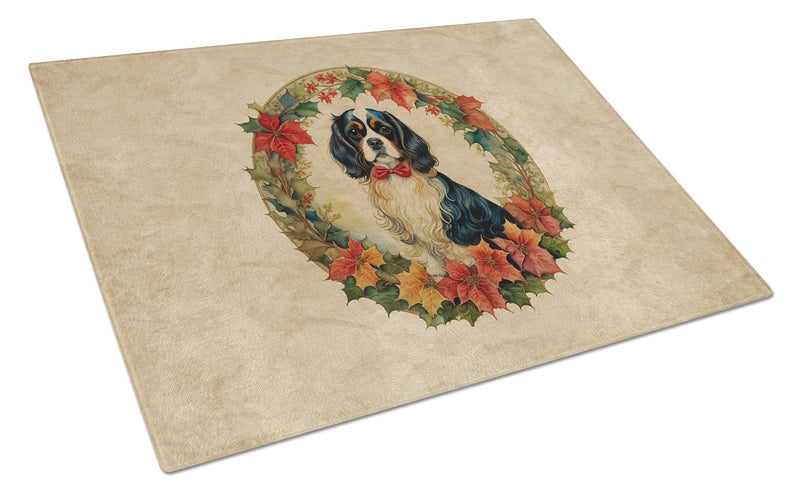 Cavalier Spaniel Christmas Flowers Glass Cutting Board