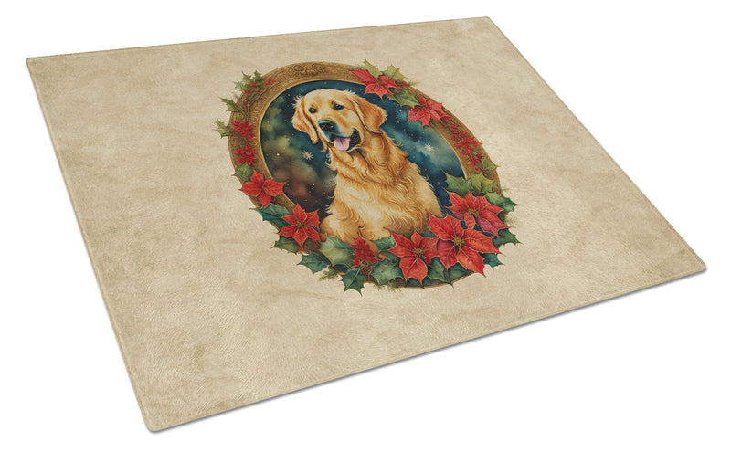 Golden Retriever Christmas Flowers Glass Cutting Board