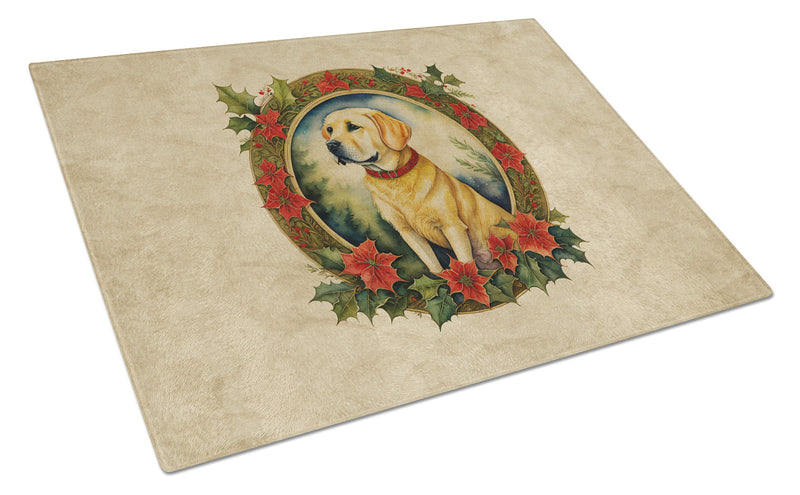 Labrador Retriever Christmas Flowers Glass Cutting Board