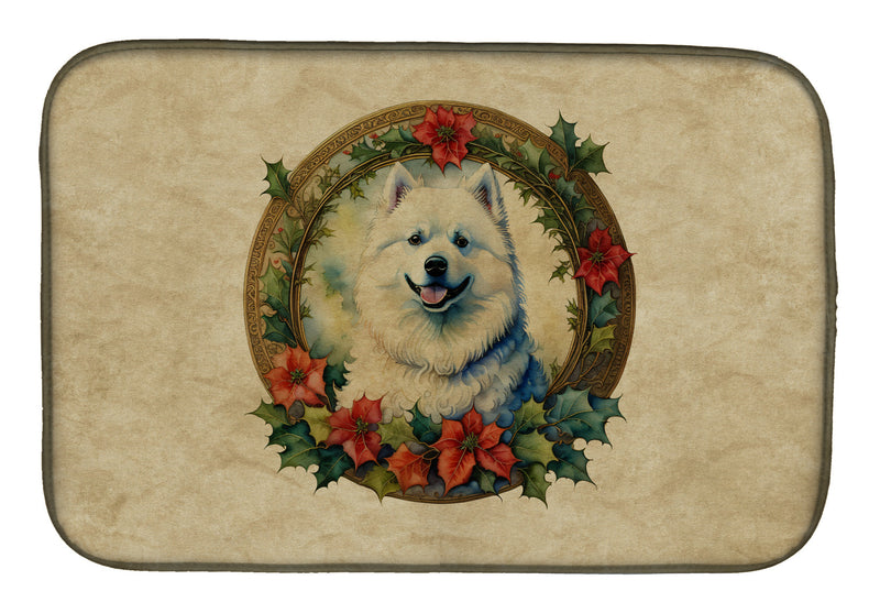 Samoyed Christmas Flowers Dish Drying Mat