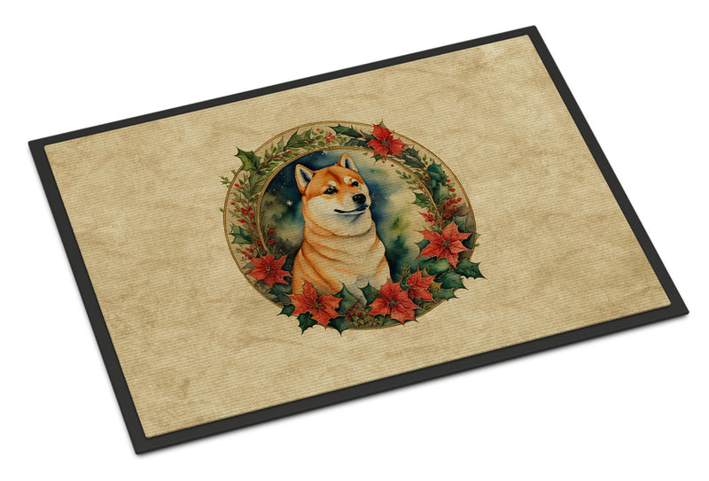 Shiba Inu Christmas Flowers Doormat