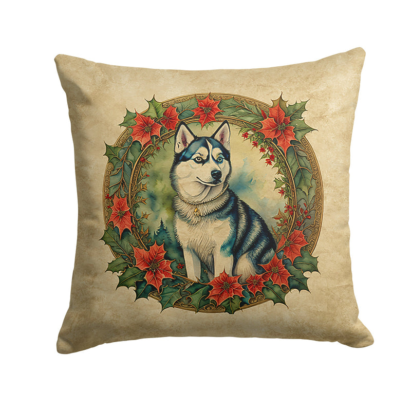 Siberian Husky Christmas Flowers Throw Pillow