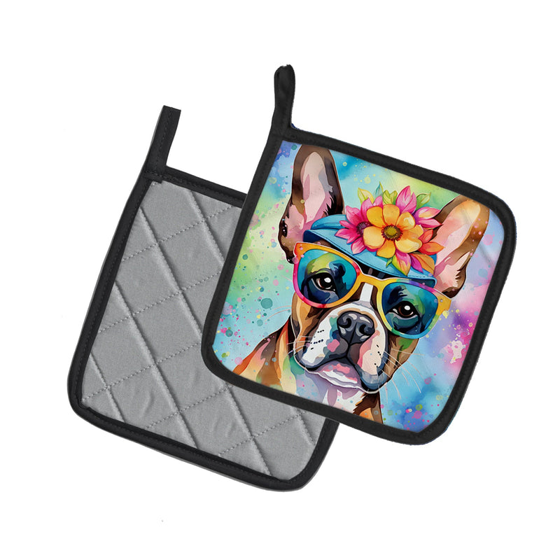 Boston Terrier Hippie Dawg Pair of Pot Holders