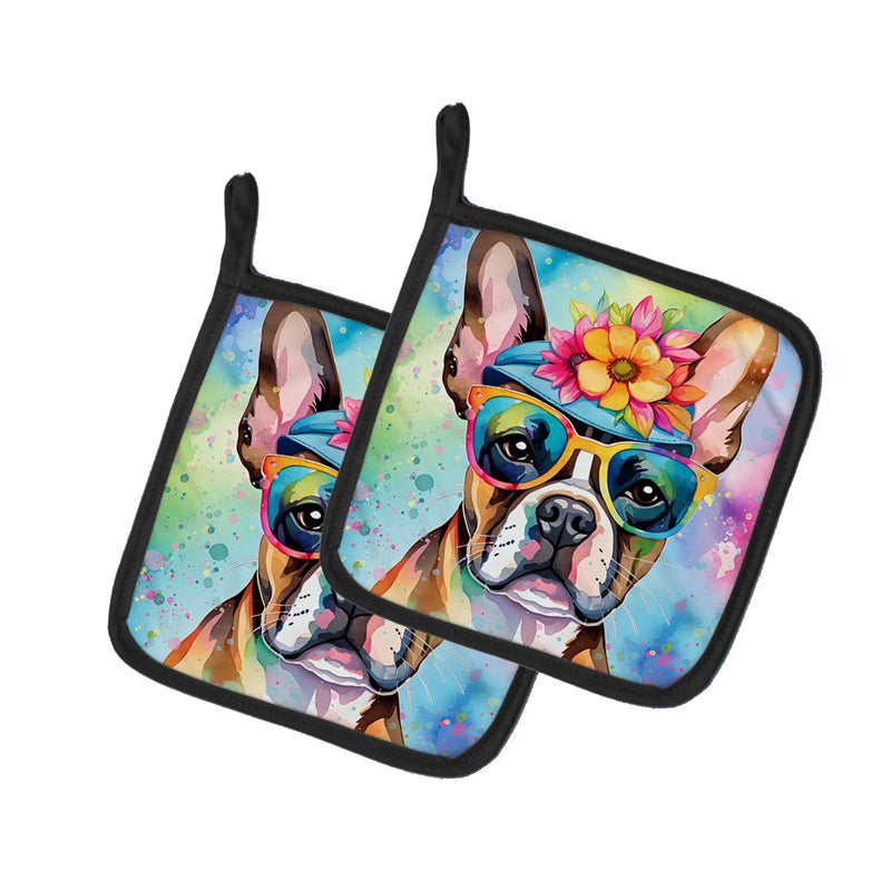 Boston Terrier Hippie Dawg Pair of Pot Holders