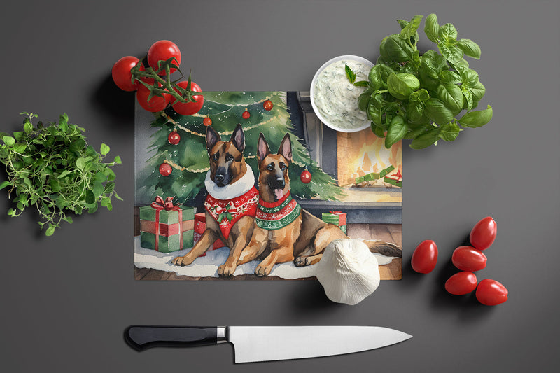 Belgian Malinois Cozy Christmas Glass Cutting Board Large