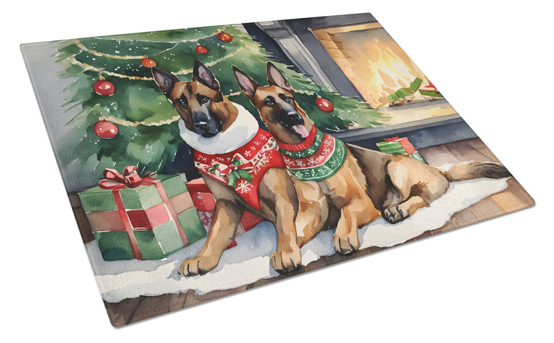 Belgian Malinois Cozy Christmas Glass Cutting Board Large