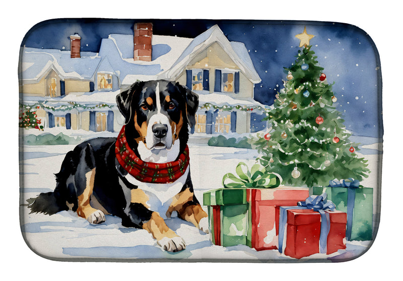 Entlebucher Mountain Dog Cozy Christmas Dish Drying Mat