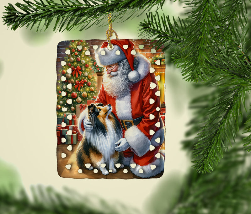 Sheltie and Santa Claus Porcelain Ornament