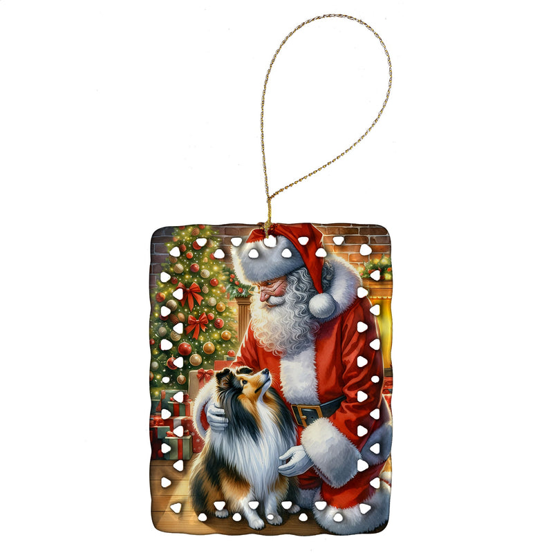 Sheltie and Santa Claus Porcelain Ornament