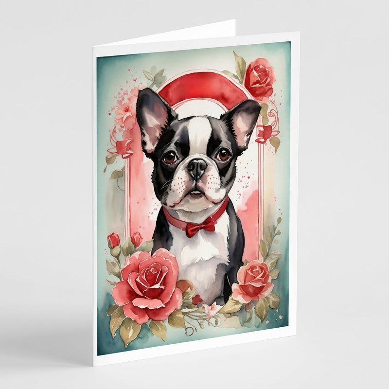 Boston Terrier Valentine Roses Greeting Cards Pack of 8