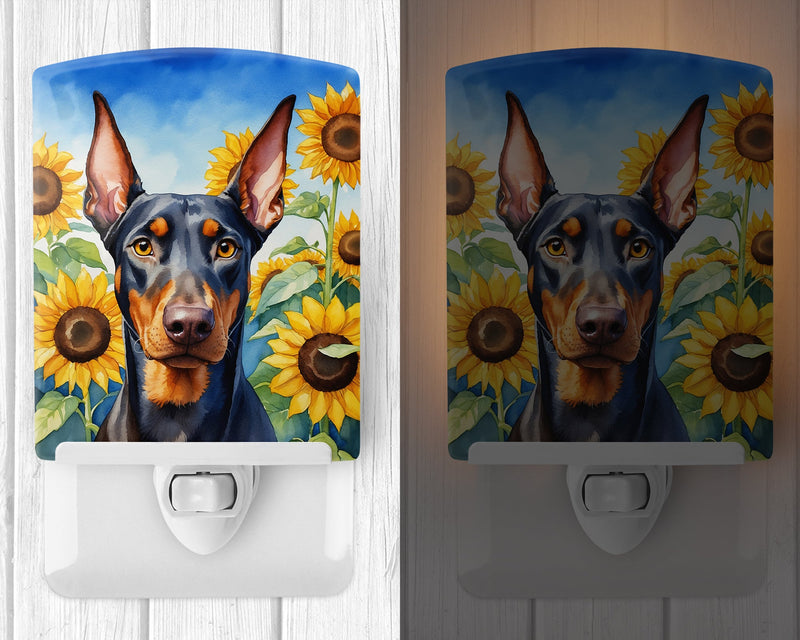 Doberman Pinscher in Sunflowers Ceramic Night Light