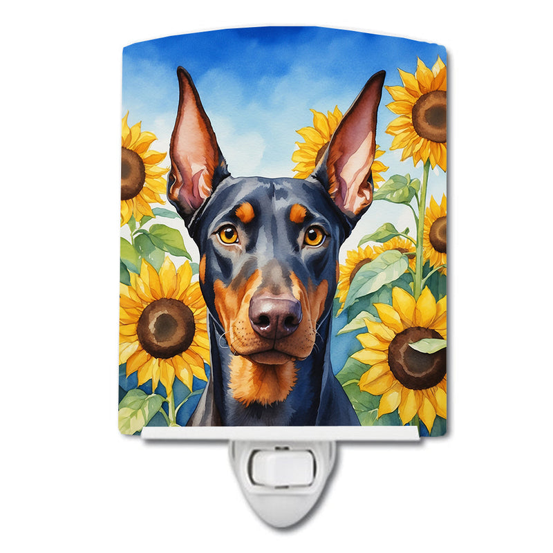 Doberman Pinscher in Sunflowers Ceramic Night Light