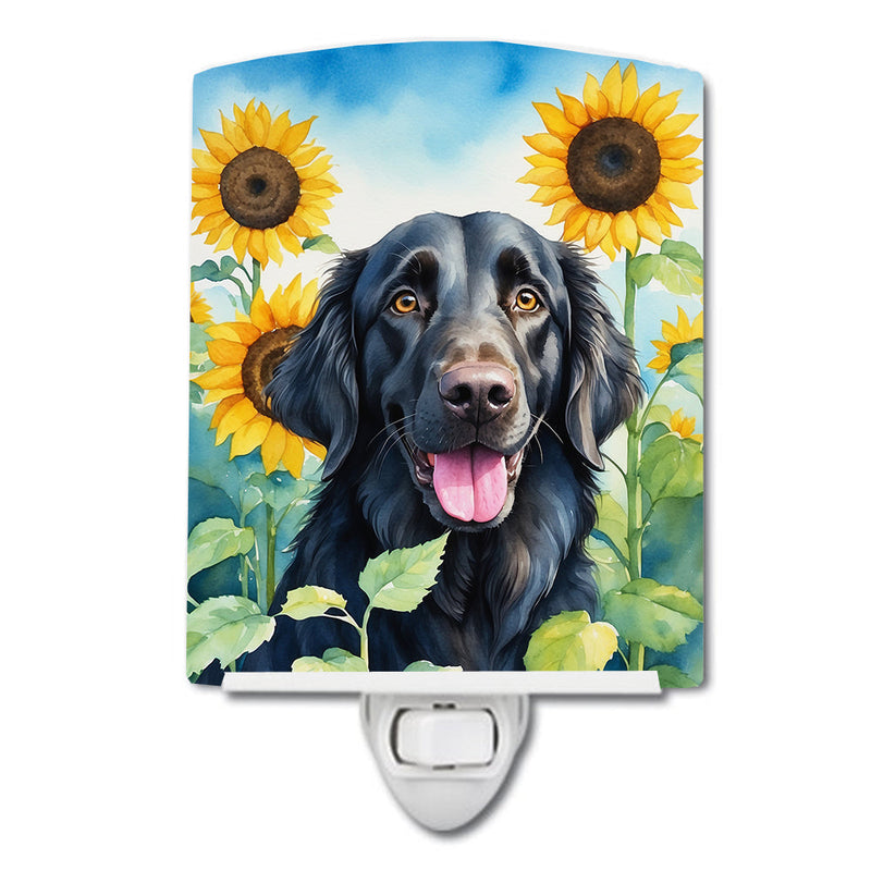 Flat-Coated Retriever in Sunflowers Ceramic Night Light