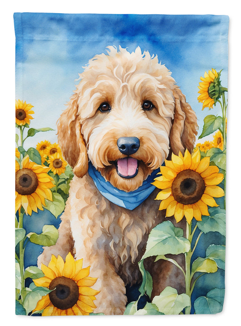 Goldendoodle in Sunflowers House Flag