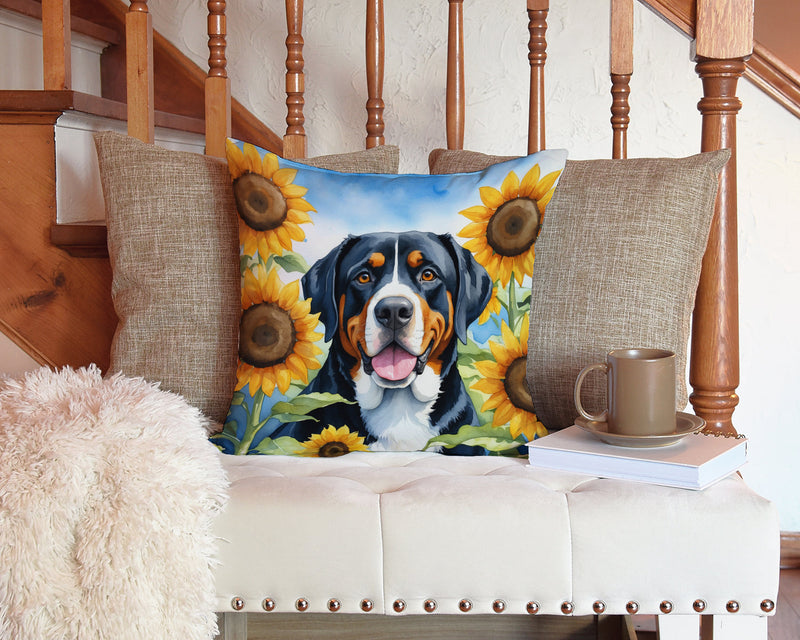 Greater Swiss Mountain Dog in Sunflowers Throw Pillow