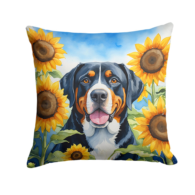 Greater Swiss Mountain Dog in Sunflowers Throw Pillow