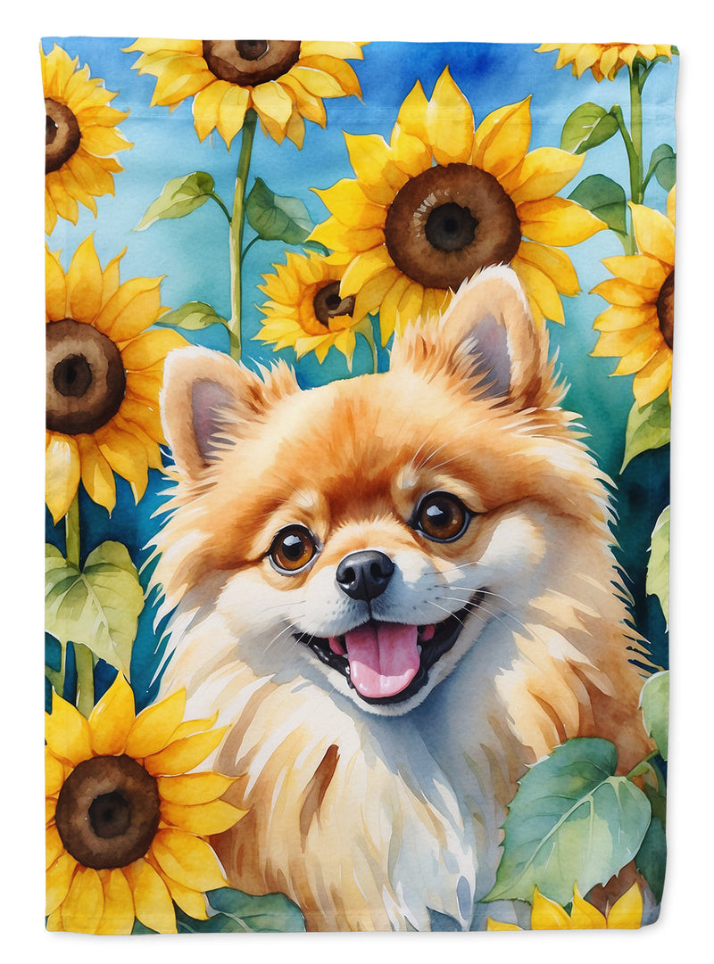 Pomeranian in Sunflowers House Flag