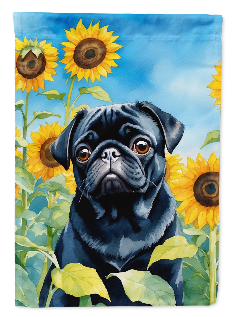 Pug in Sunflowers House Flag