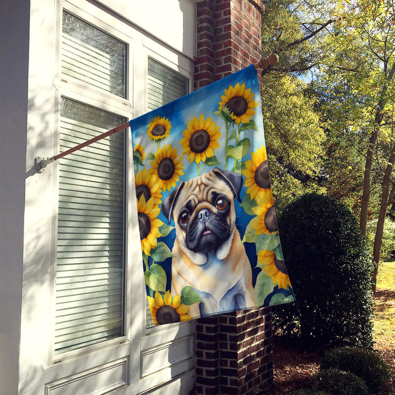 Pug in Sunflowers House Flag