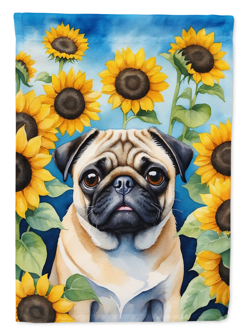 Pug in Sunflowers House Flag