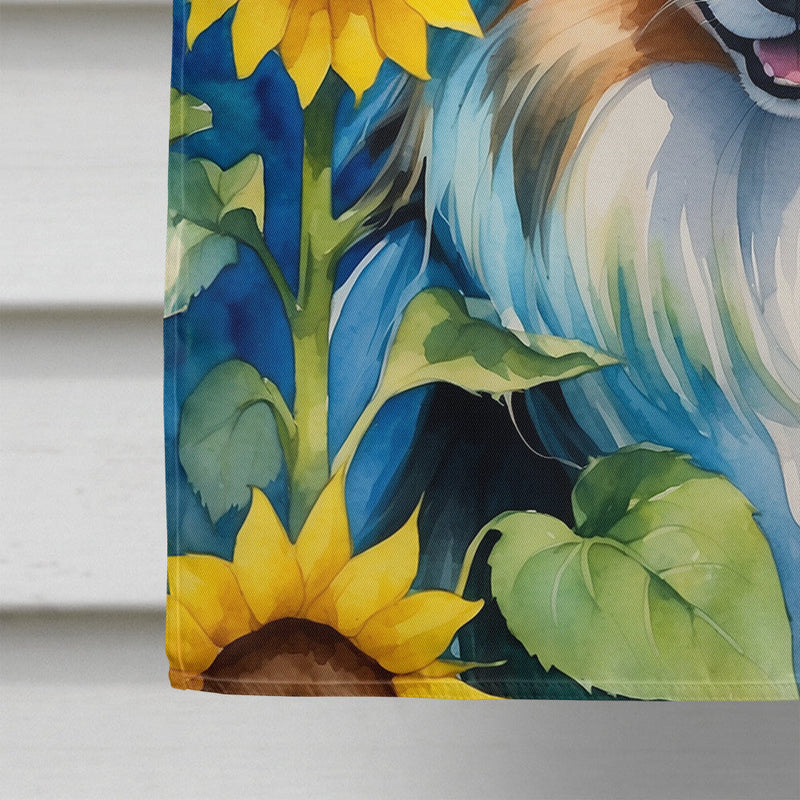 Sheltie in Sunflowers House Flag