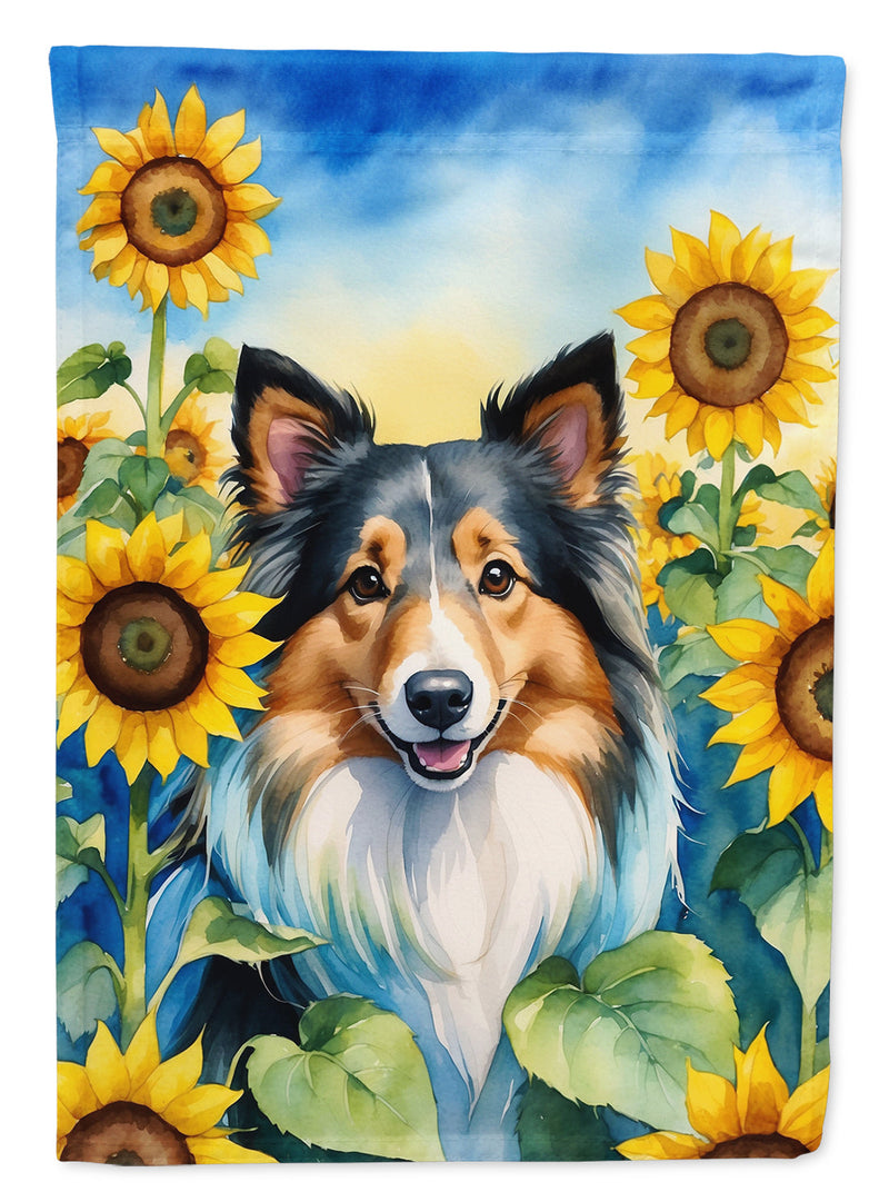 Sheltie in Sunflowers House Flag