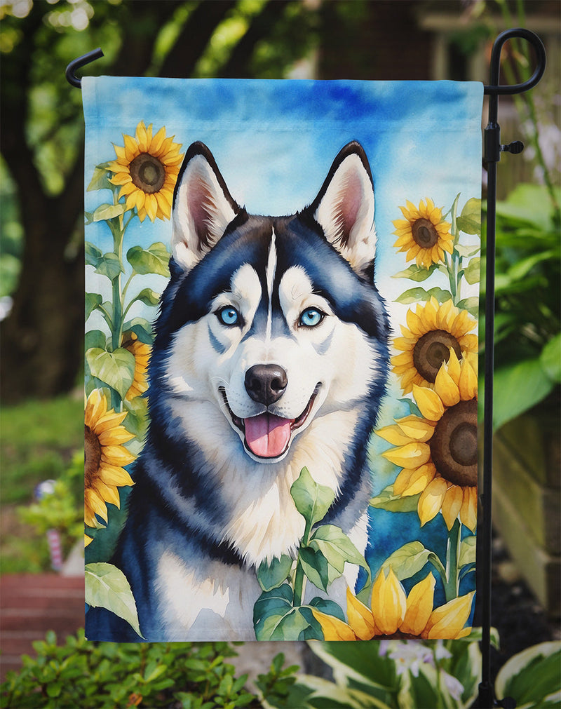 Siberian Husky in Sunflowers Garden Flag