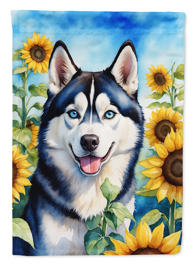 Siberian Husky in Sunflowers Garden Flag