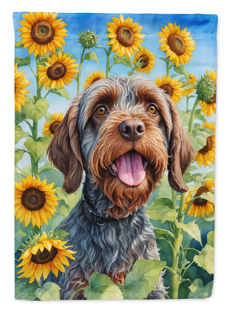 Wirehaired Pointing Griffon in Sunflowers Garden Flag