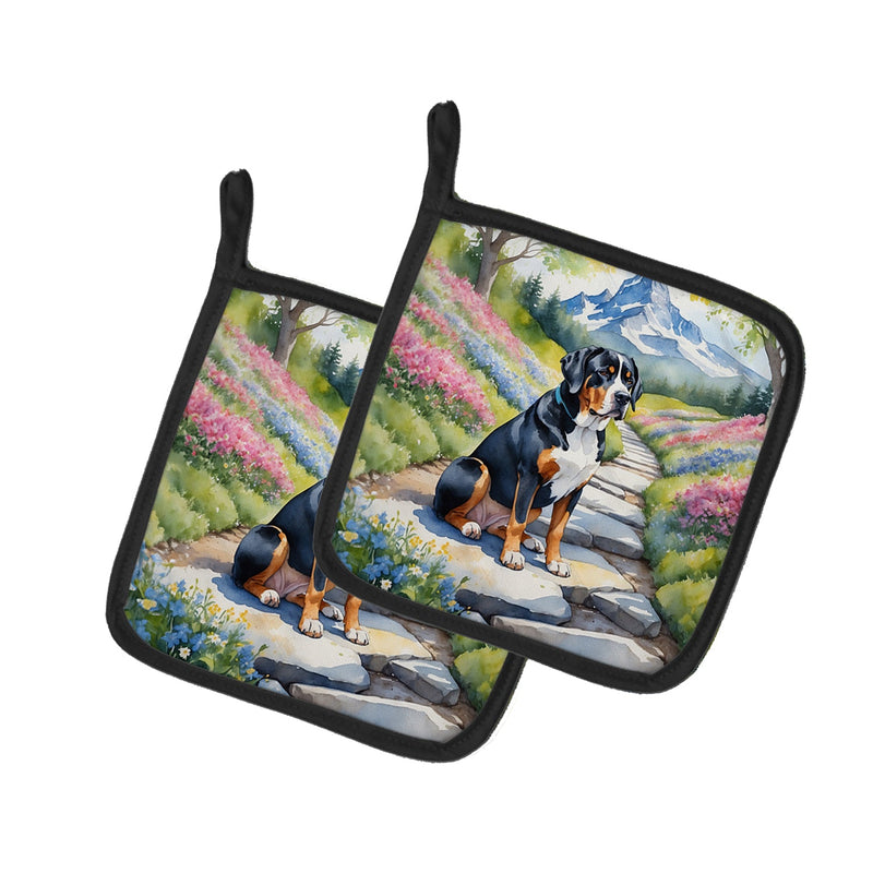 Greater Swiss Mountain Dog Spring Path Pair of Pot Holders