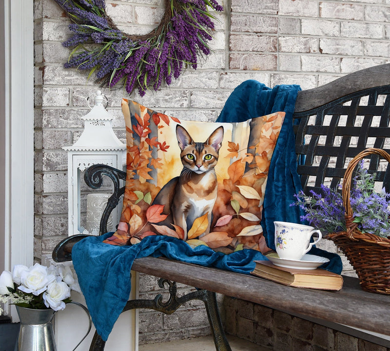 Abyssinian Cat in Fall Leaves Throw Pillow