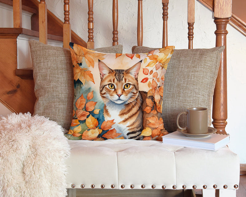 Aegean Cat in Fall Leaves Throw Pillow