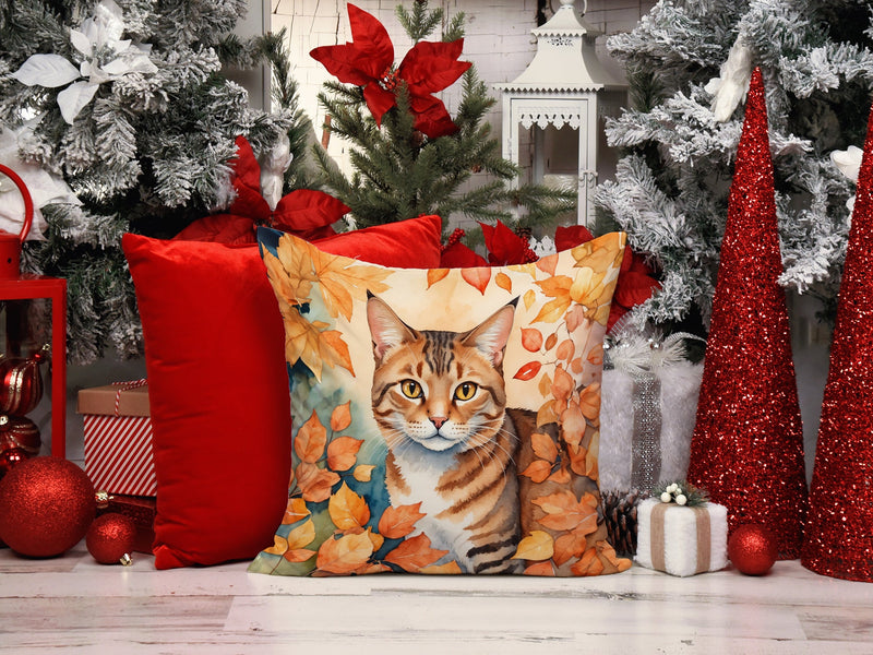 Aegean Cat in Fall Leaves Throw Pillow