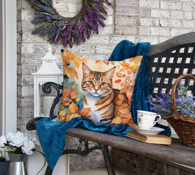 Aegean Cat in Fall Leaves Throw Pillow