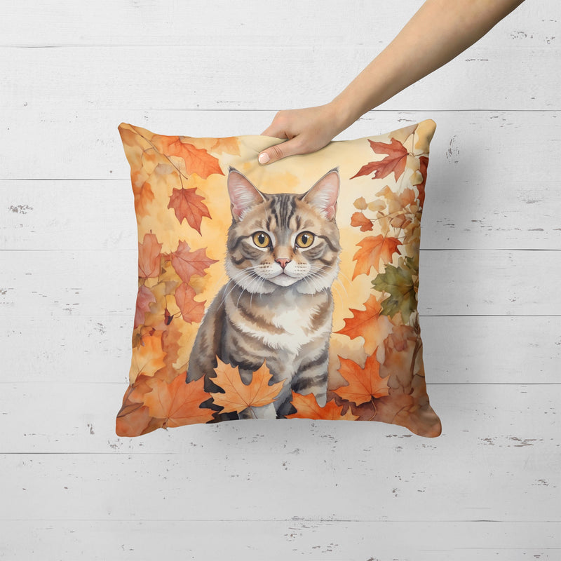 American Bobtail Cat in Fall Leaves Throw Pillow